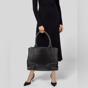 TORY BURCH Ella Canvas Leather Tote Bag Black A4